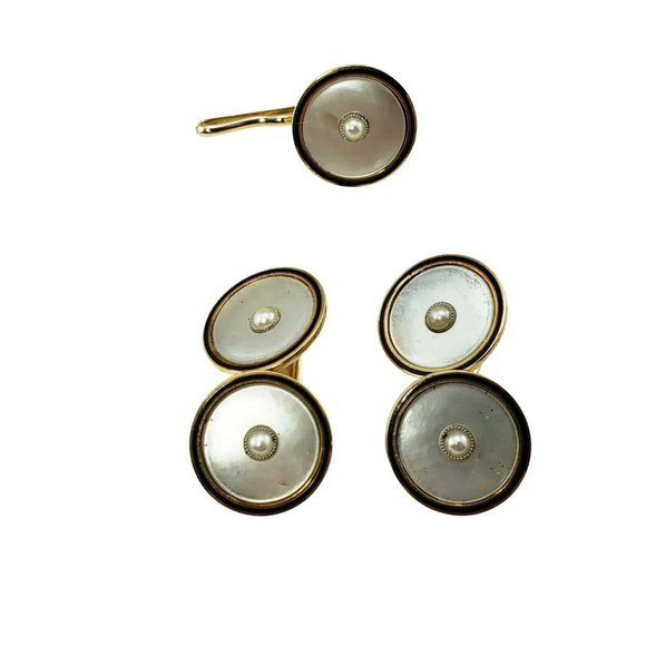 Vintage 14 Karat Yellow Gold and Mother of Pearl Cufflinks and Button #10823 - Picture 1 of 6